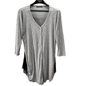 Long Cardigan Sweater sz M Women Gray Oversized Lace Trim Happening in Present